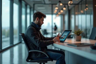 Jeune homme utilisant une tablette pour configurer une voiture moderne