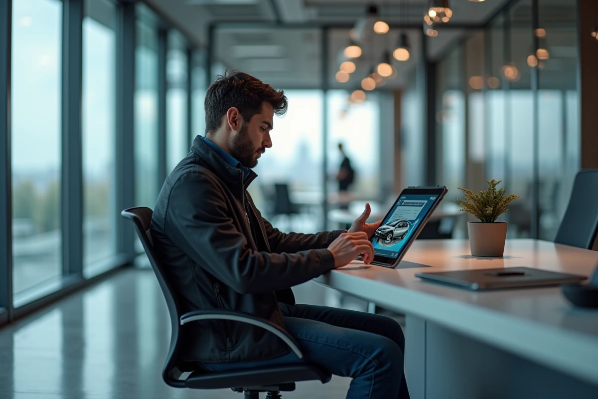 Jeune homme utilisant une tablette pour configurer une voiture moderne