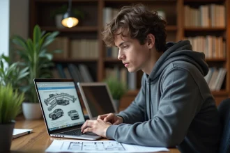 Jeune homme concentré étudiant un PDF de véhicules