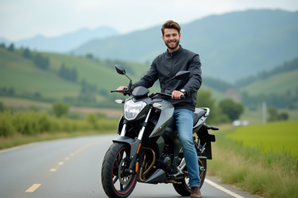 Jeune homme en moto sur route de campagne