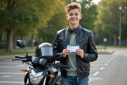 Jeune homme confiant avec sa licence moto en main