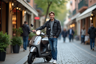 Jeune homme avec scooter urbain moderne en ville
