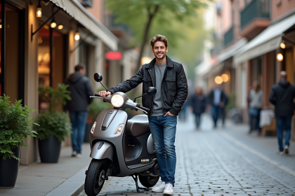 Jeune homme avec scooter urbain moderne en ville