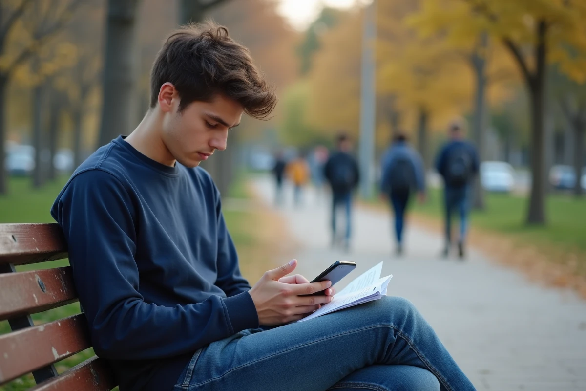 Jeune homme consulte un PDF sur son smartphone dans un parc