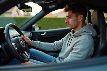 Jeune homme pensif dans une voiture sportive &eacute;l&eacute;gante