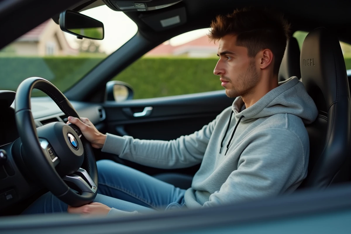 Jeune homme pensif dans une voiture sportive élégante