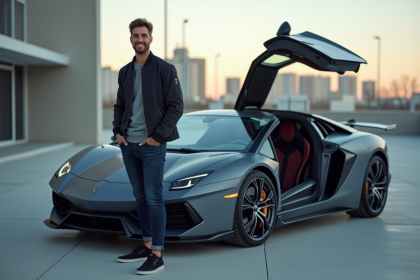 Jeune homme confiant avec voiture sportive en ville