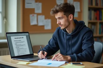 Jeune homme concentré vérifiant permis 2026 sur son bureau
