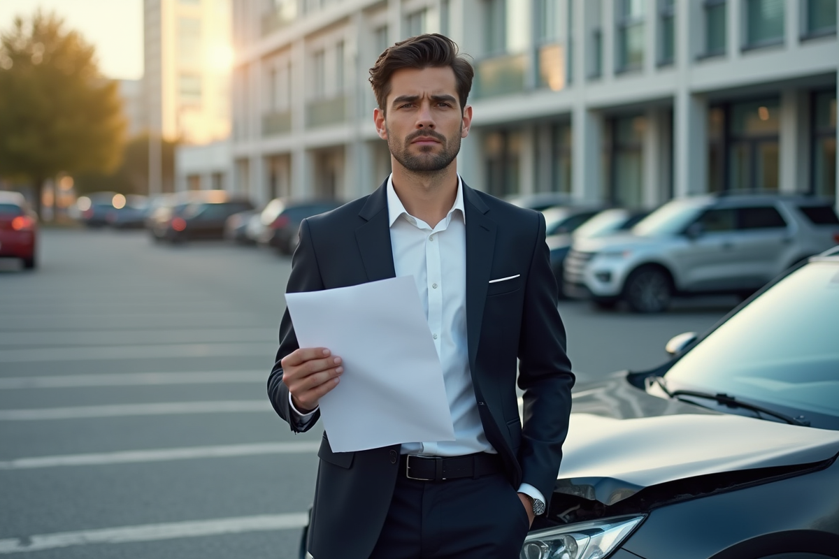 Jeune homme avec voiture endommagée et formulaire d