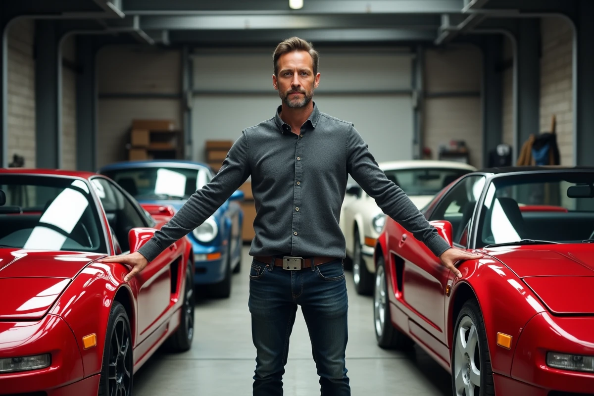 Journaliste automobile entre une Honda NSX classique et une NSX moderne dans un garage de collection privée