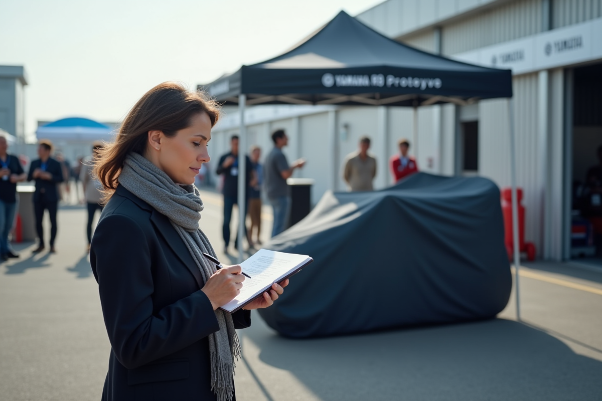 Femme journaliste inspectant Yamaha R9 en extérieur