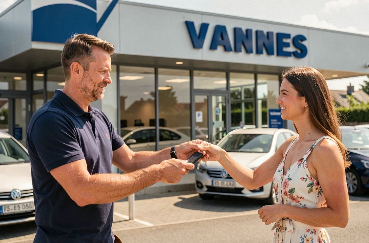 Agent de Kerlann Automobiles à Vannes remettant les clés d'un véhicule de location à une cliente