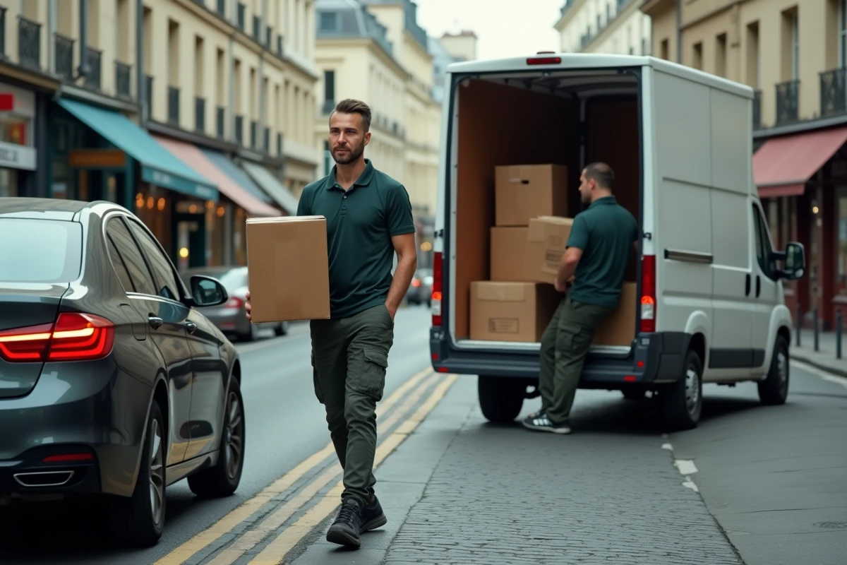 Livreur déchargeant des colis dans une zone de livraison parisienne pendant qu'un automobiliste attend en double file