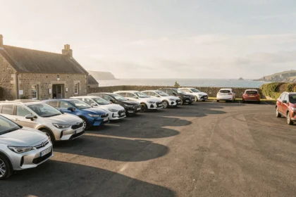 Rangée de voitures de location devant une agence en Bretagne avec vue sur la côte du Morbihan