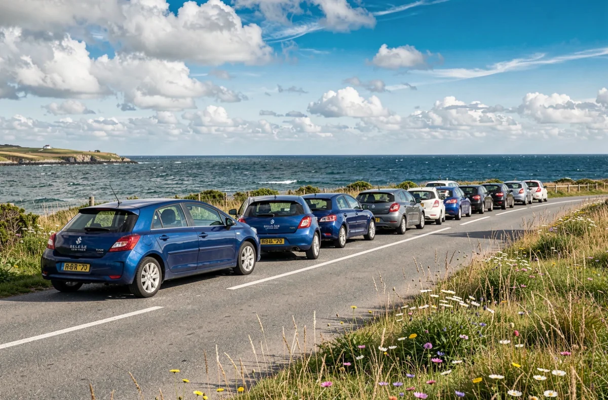 Flotte de voitures bleues de Locatourisle – Les Cars Bleus garées sur une route pittoresque de Belle-Île