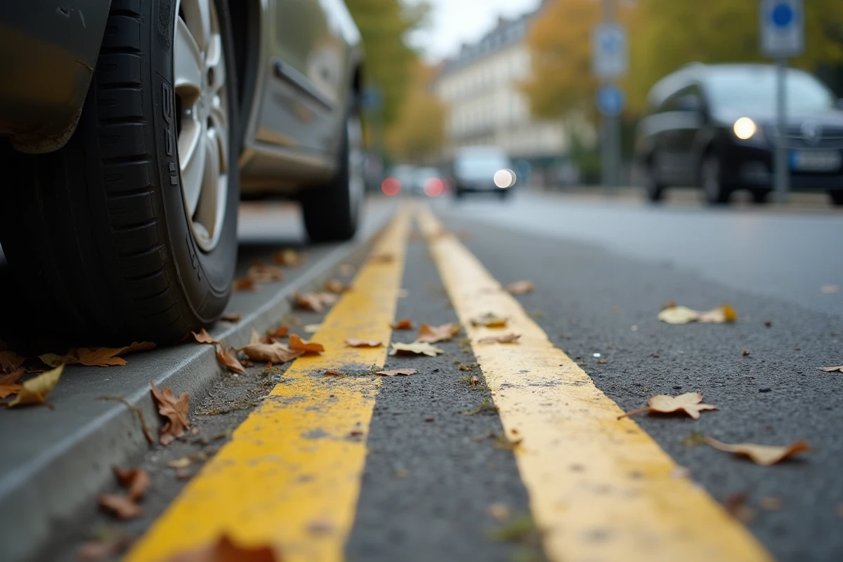 Gros plan sur les pointillés jaunes d'une zone de livraison au sol dans une rue de Paris