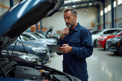 Mécanicien homme inspectant un moteur de voiture en atelier