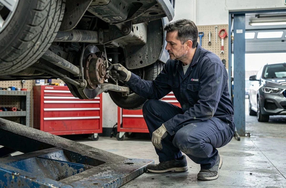 Mécanicien inspectant le dessous d'une BMW X1 F48 sur pont élévateur en atelier, diagnostic fiabilité mécanique et suspension SUV