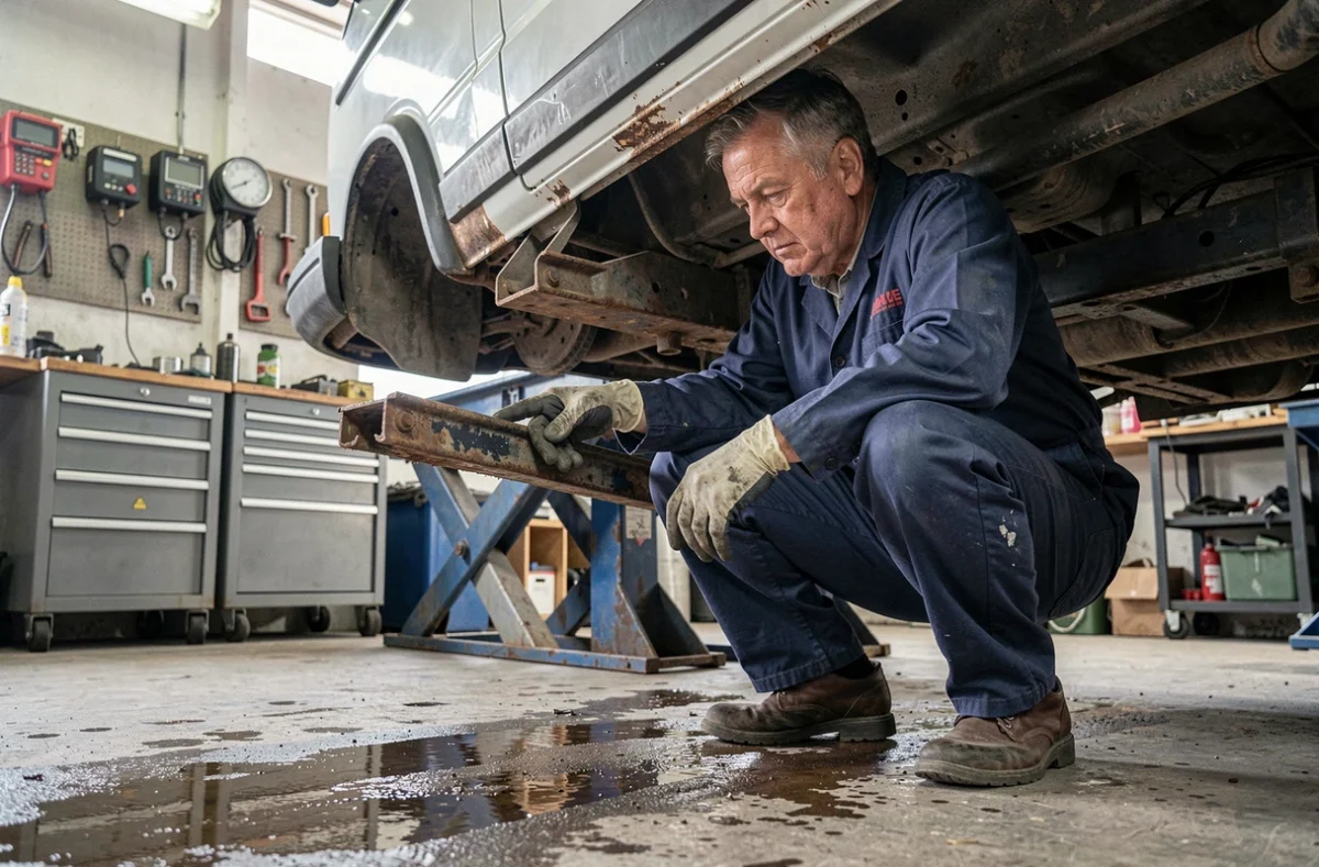 Mécanicien inspectant le châssis rouillé d'un Volkswagen T3 surélevé sur un pont dans un garage indépendant