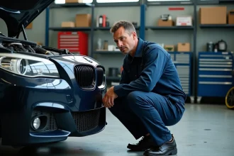 Mécanicien inspectant le moteur d'une BMW dans un atelier après l'allumage du voyant moteur