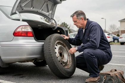 Mécanicien inspectant une roue de secours dans le coffre d'une voiture sur un parking