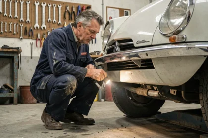 Mécanicien inspectant le dessous d'une voiture de collection Citroën DS dans un garage traditionnel lors d'un contrôle technique