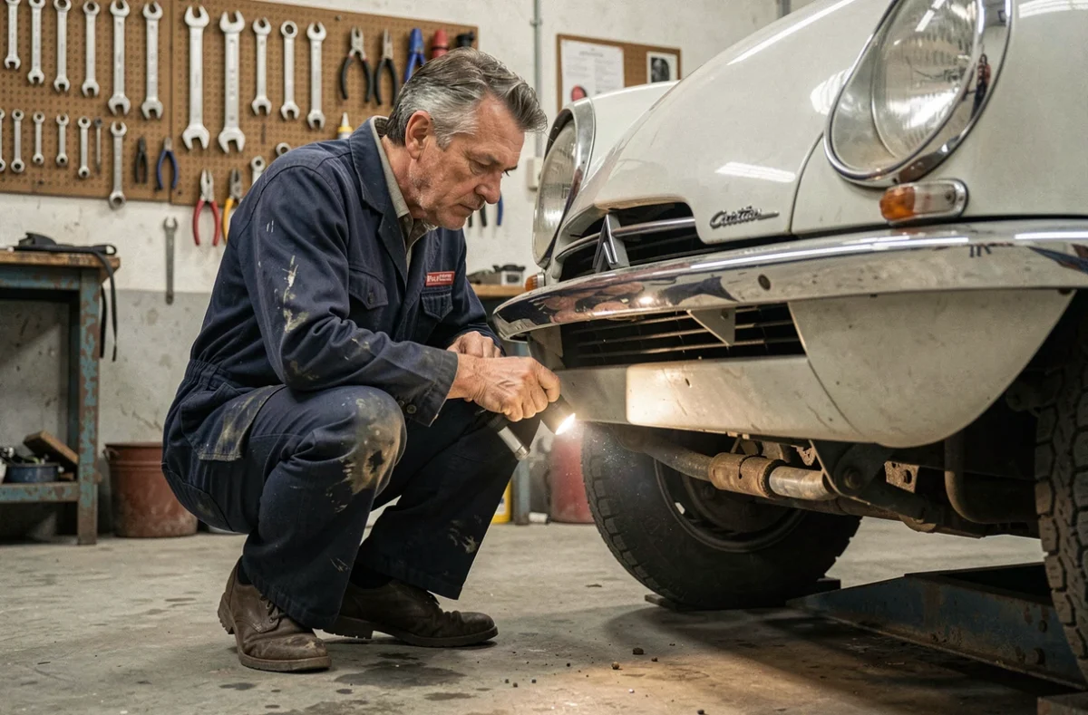Mécanicien inspectant le dessous d'une voiture de collection Citroën DS dans un garage traditionnel lors d'un contrôle technique