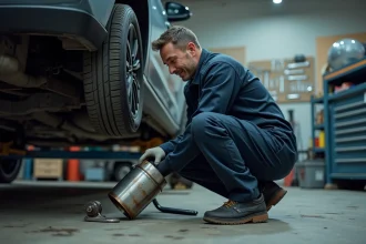 Mécanicien professionnel déconnectant un filtre à particules FAP sous un véhicule diesel surélevé dans un atelier automobile équipé