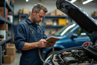 Mécanicien homme en atelier avec courroie usée