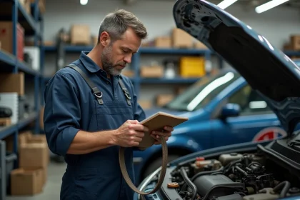 M&eacute;canicien homme en atelier avec courroie us&eacute;e
