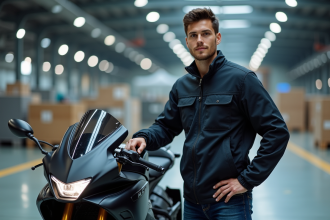 Jeune homme mécanicien Yamaha R9 en usine moderne