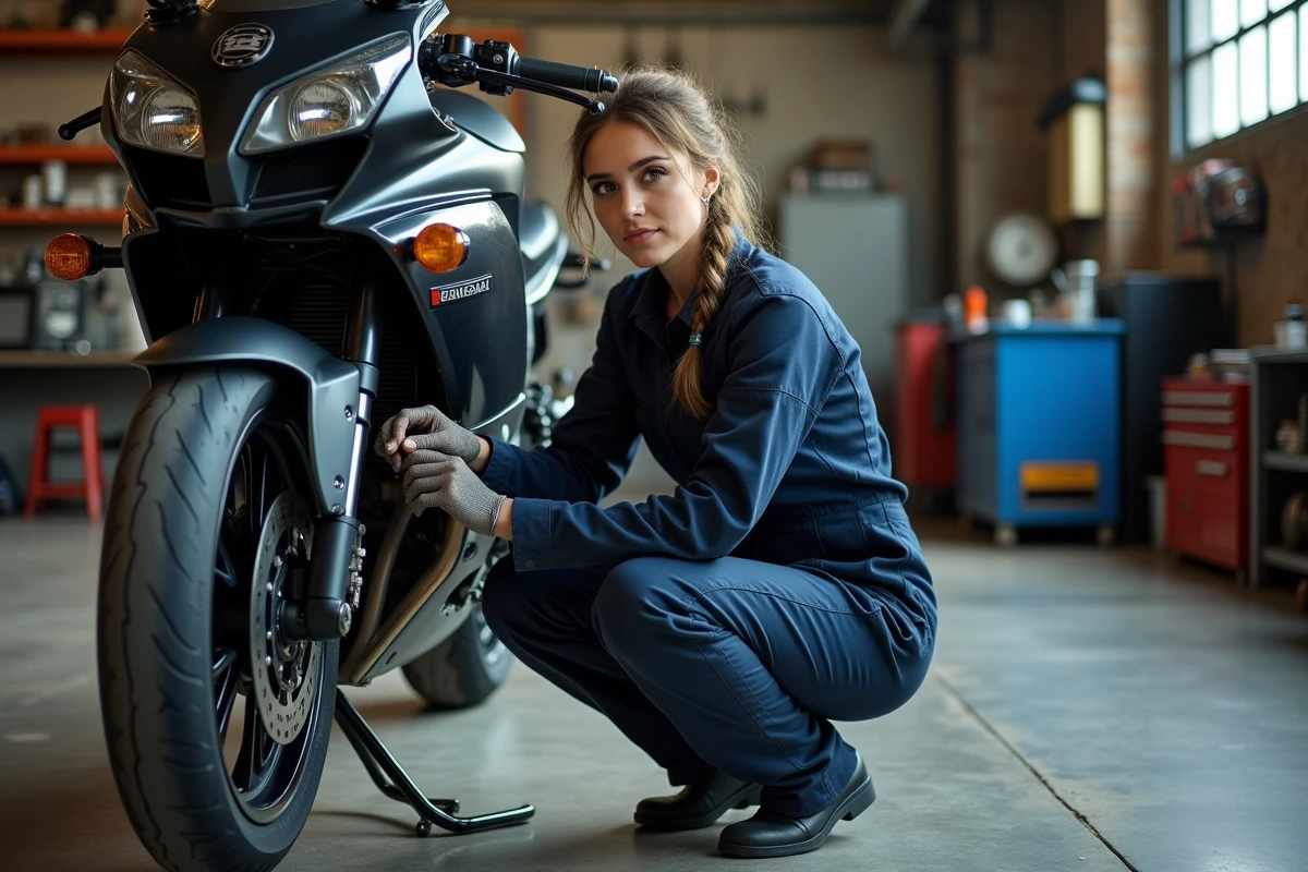 Femme mécanicienne entretenant une Kawasaki 1000 GTR dans un garage