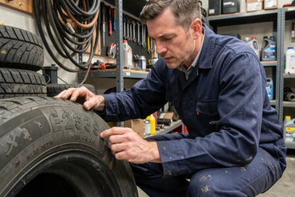 Mécanicien en uniforme inspectant les chiffres gravés sur le flanc d'un pneu dans un garage professionnel