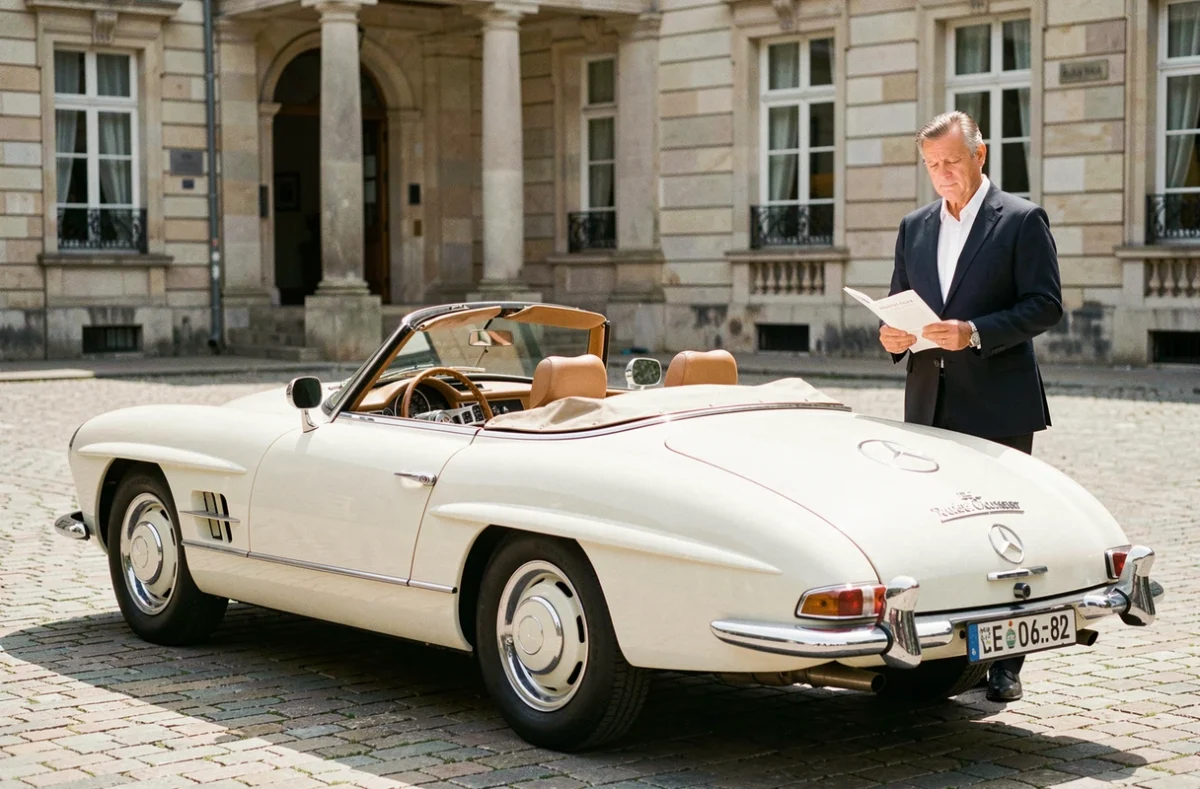Mercedes 300 SL Roadster blanche présentée devant une maison de vente aux enchères avec commissaire-priseur