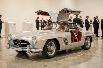 Mercedes 300 SL Gullwing argent exposée lors d'une vente aux enchères prestigieuse avec portes papillon ouvertes