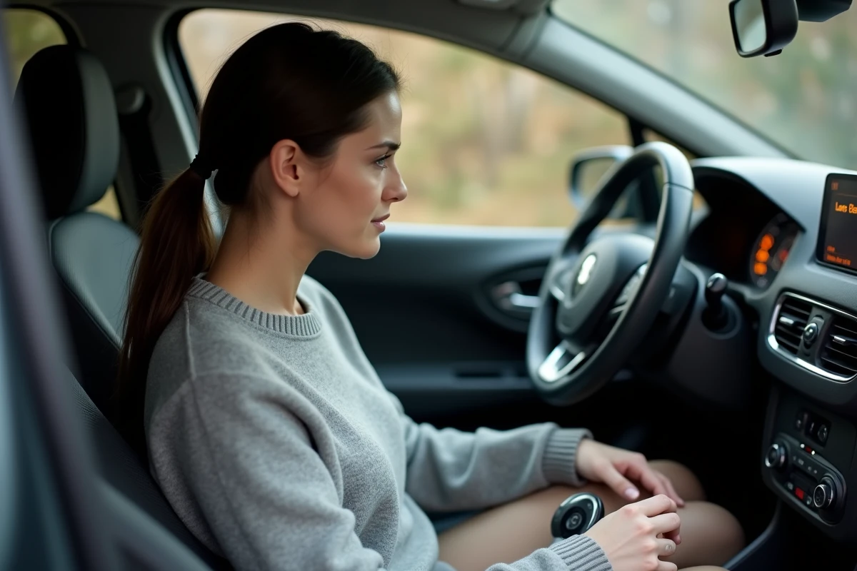 Femme dans une Clio 4 regardant le message pile carte faible sur le tableau de bord