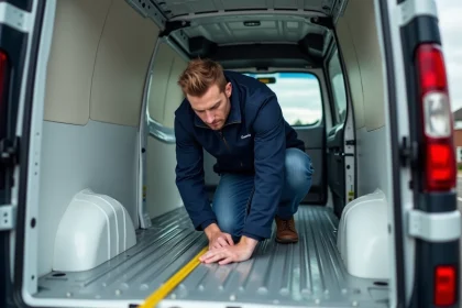 Homme mesurant la longueur intérieure d'un fourgon Renault Trafic L1H1 avec un mètre ruban jaune