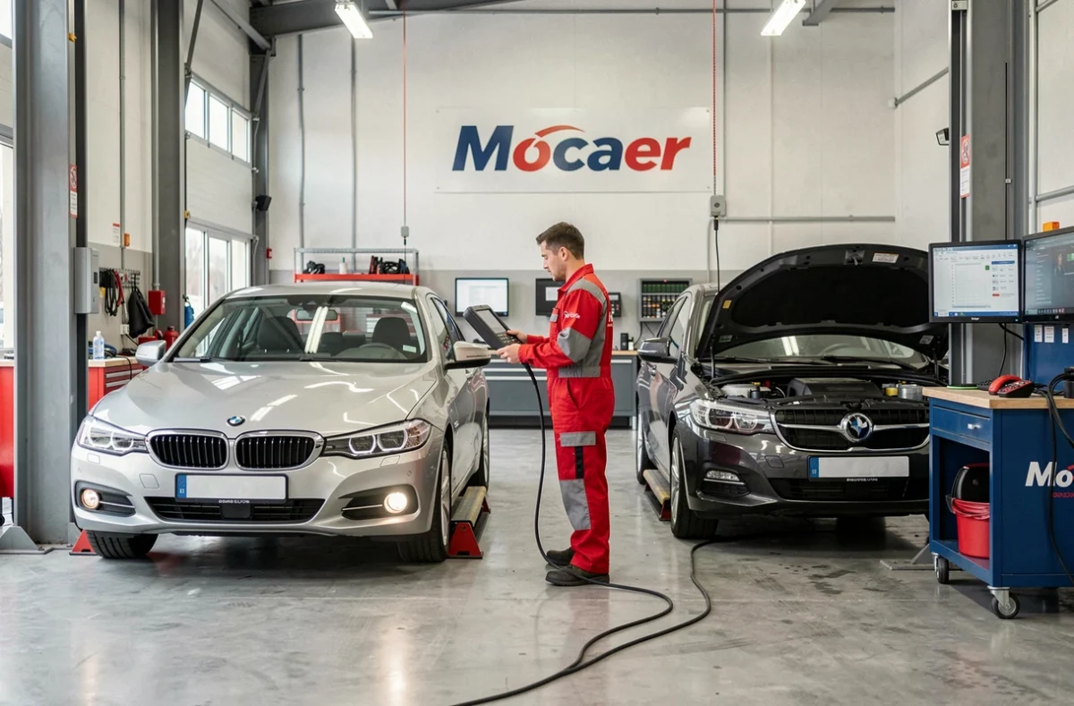 Technicien Mocaer utilisant un scanner de diagnostic dans un atelier moderne