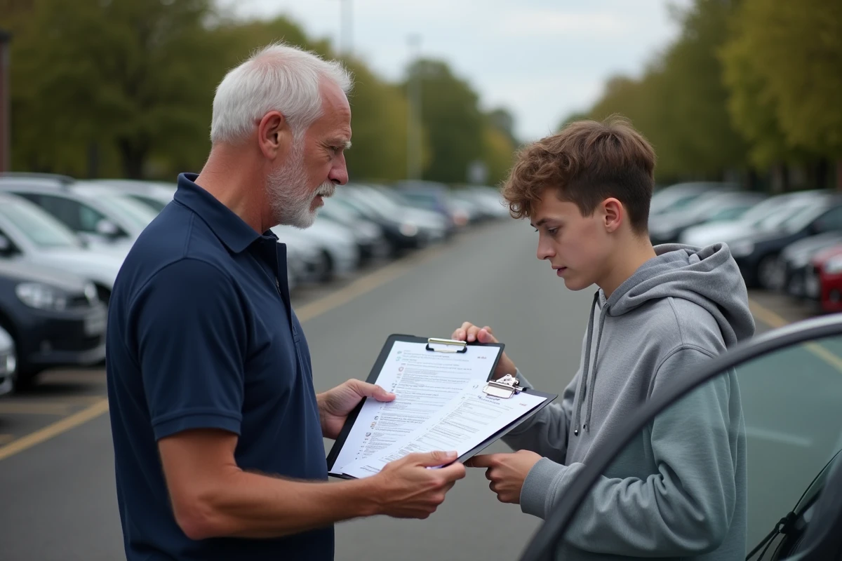 Moniteur d'auto-école et étudiant révisant ensemble un questionnaire de vérification de permis imprimé dans un parking