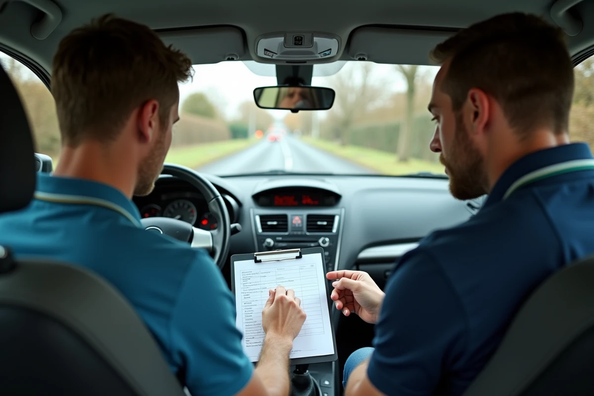 Moniteur d'auto-école expliquant la grille d'évaluation du permis à un jeune candidat dans une voiture