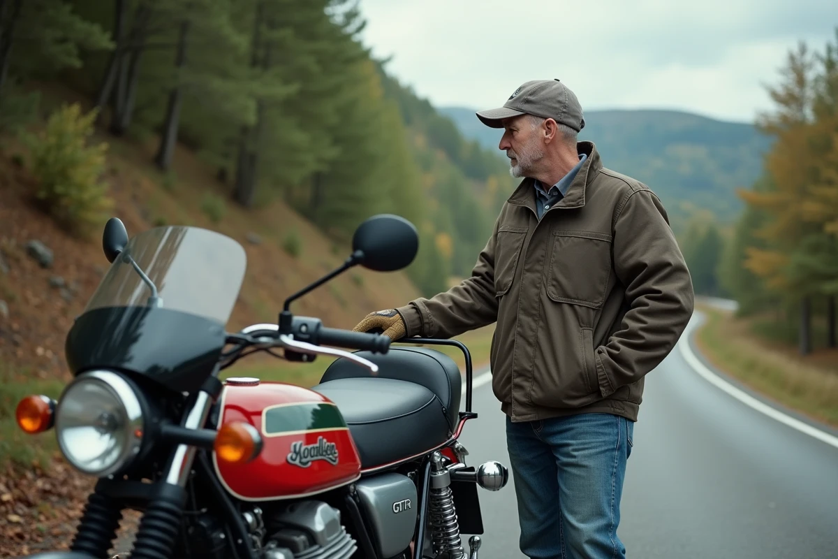 Motard homme examinant une Kawasaki 1000 GTR au bord de la route