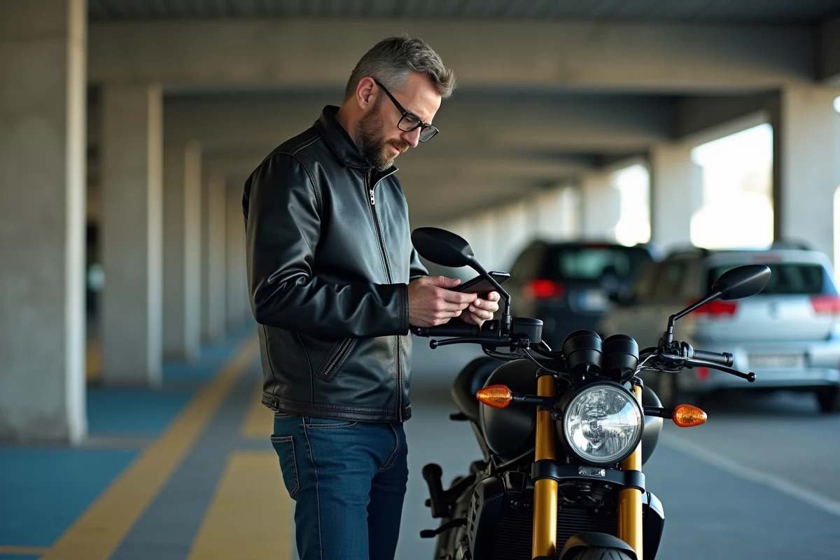 Motard consultant l'actualité moto sur son smartphone à côté de sa moto dans un parking urbain