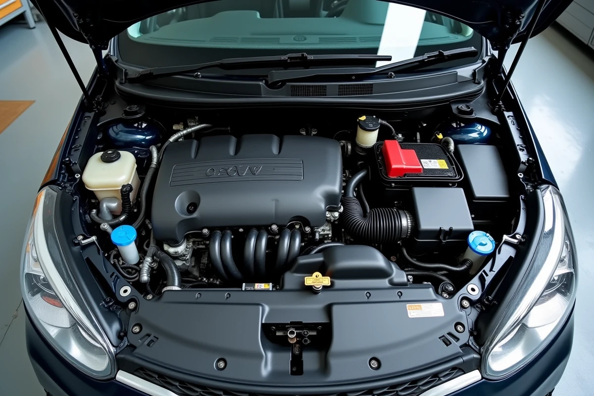 Compartiment moteur d'une Peugeot 208 avec moteur trois cylindres essence visible, atelier mécanique
