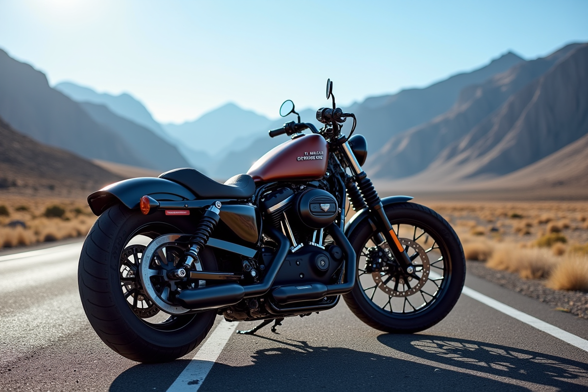 Moto Harley garée sur la route avec montagnes en arrière-plan