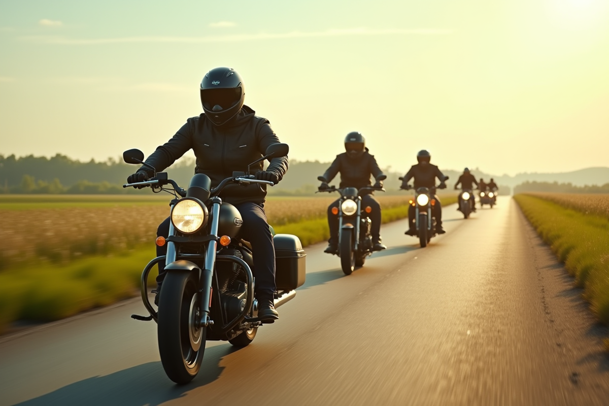Groupes de motos économiques sur route en campagne ensoleillée
