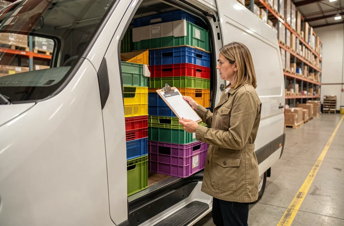 Femme consultant un plan de chargement devant un Renault Master 11m3 rempli de caisses plastiques empilées
