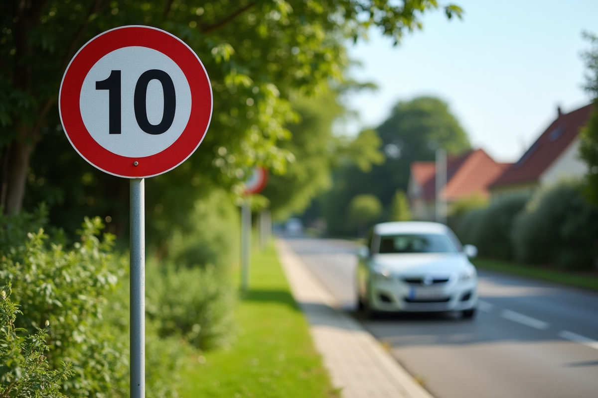 Panneau de limitation de vitesse avec voiture garée en banlieue