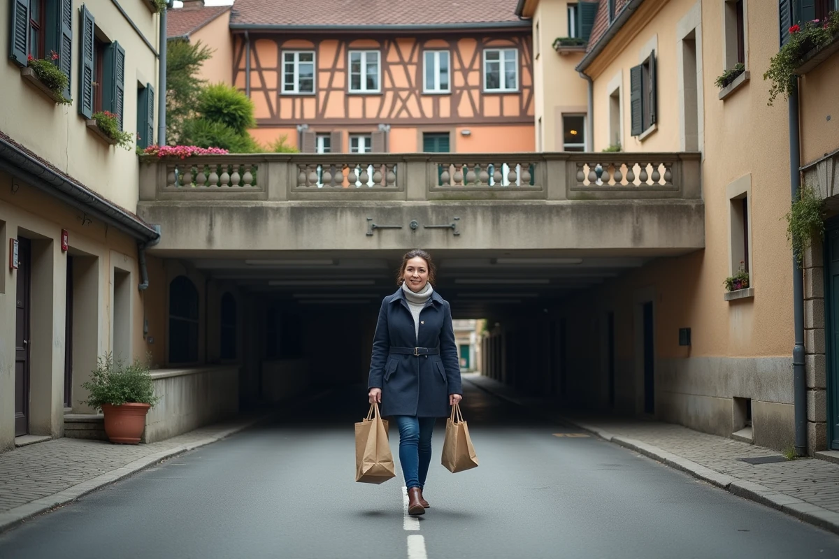 Entrée d'un parking couvert proche du centre historique de Colmar avec une femme portant des sacs de shopping