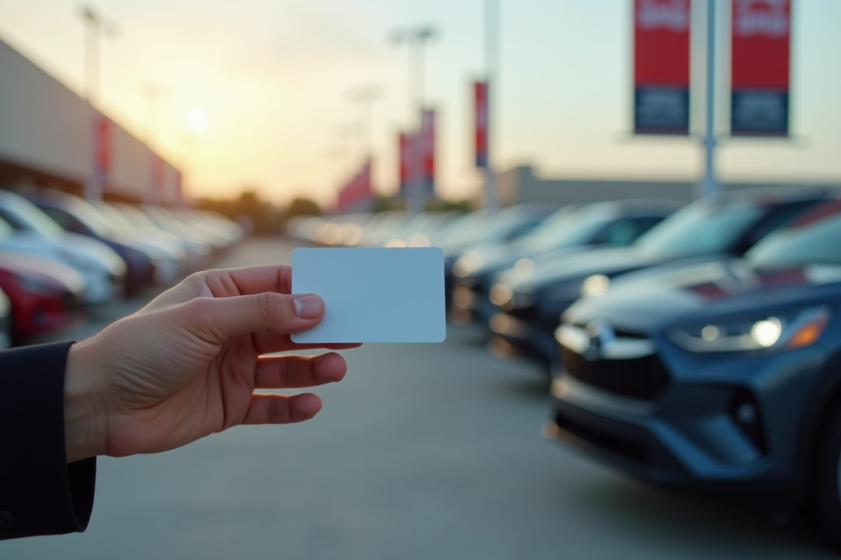 Main tenant une carte CPF devant une voiture neuve en concession