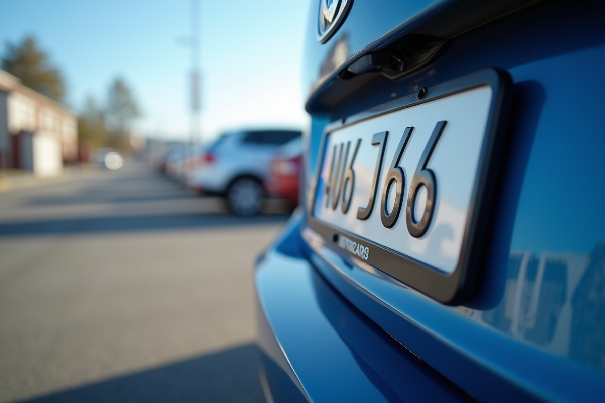 Voiture stationnée dans parking urbain avec plaque d immatriculation reflet ciel